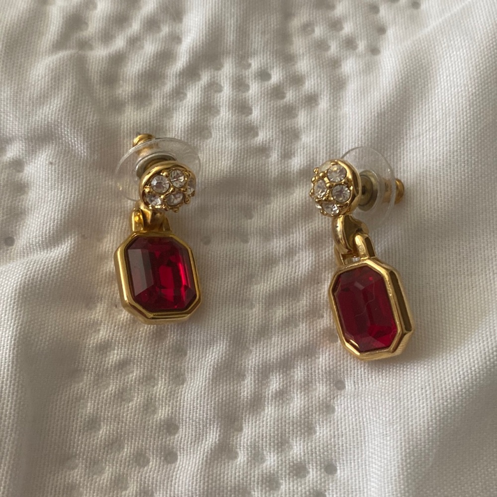 Red stoned earrings for pierced ears. Gold filled with cz accent